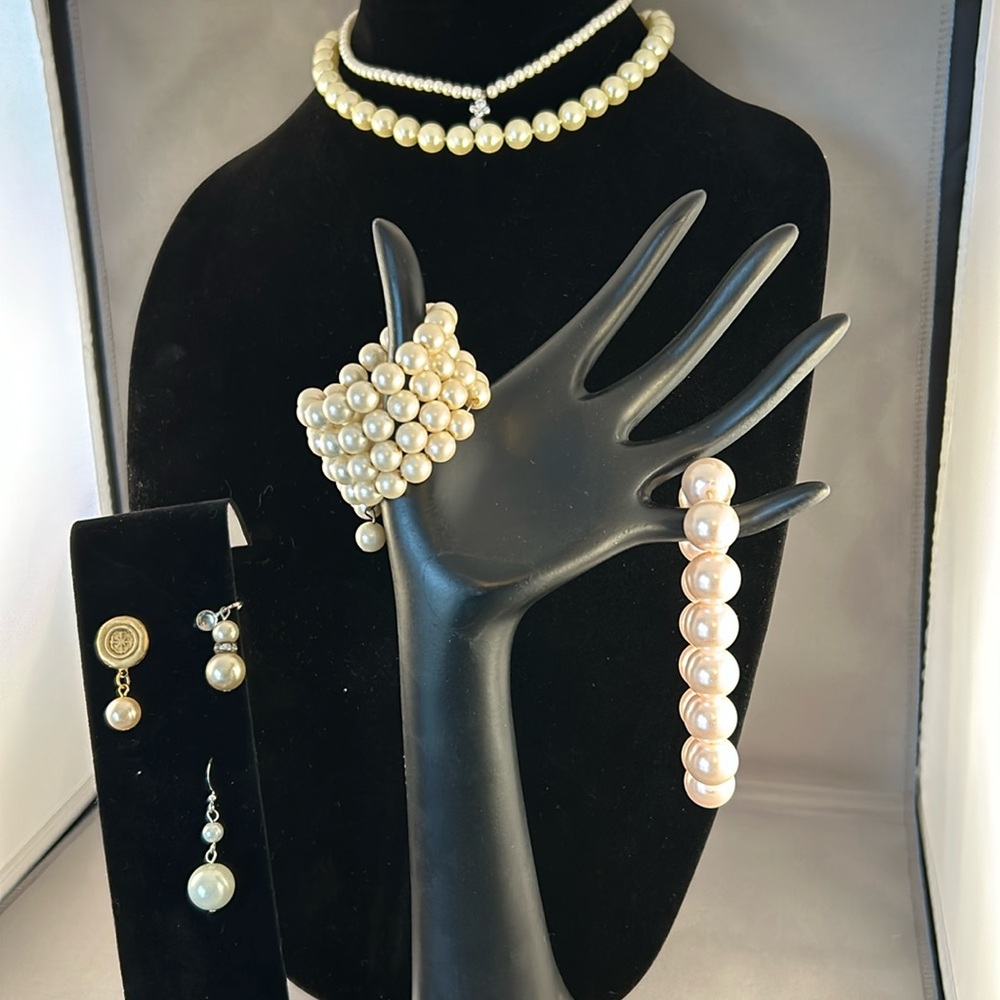 Lot of White beads bracelets, necklaces, mismatch earrings.